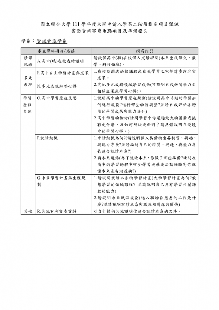 111學年度大學申請入學（含APCS組）第二階段指定項目甄試 書面資料審查重點項目及準備指引